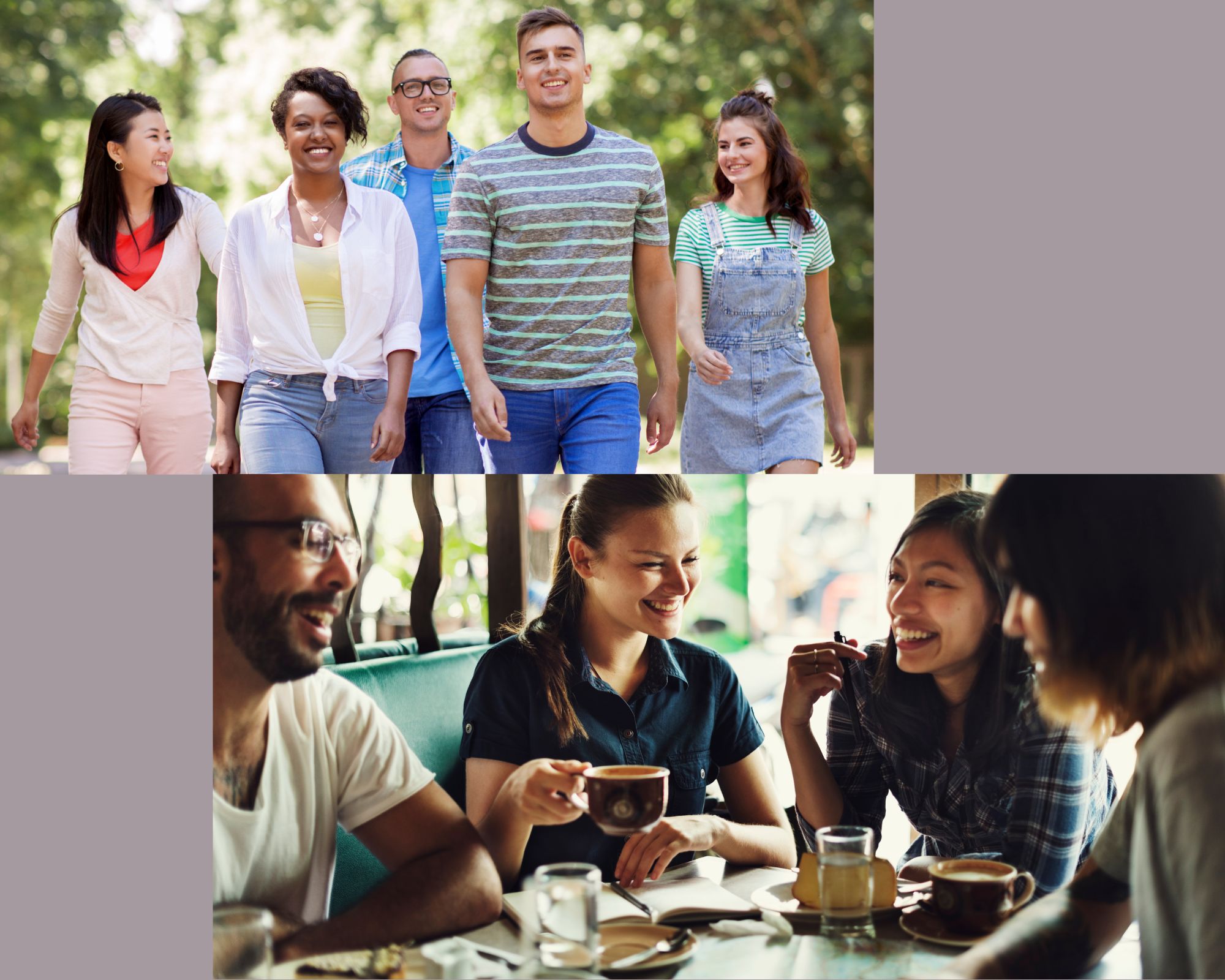 Photo of group of young people walking together and group of younger people sitting in a cafe together.